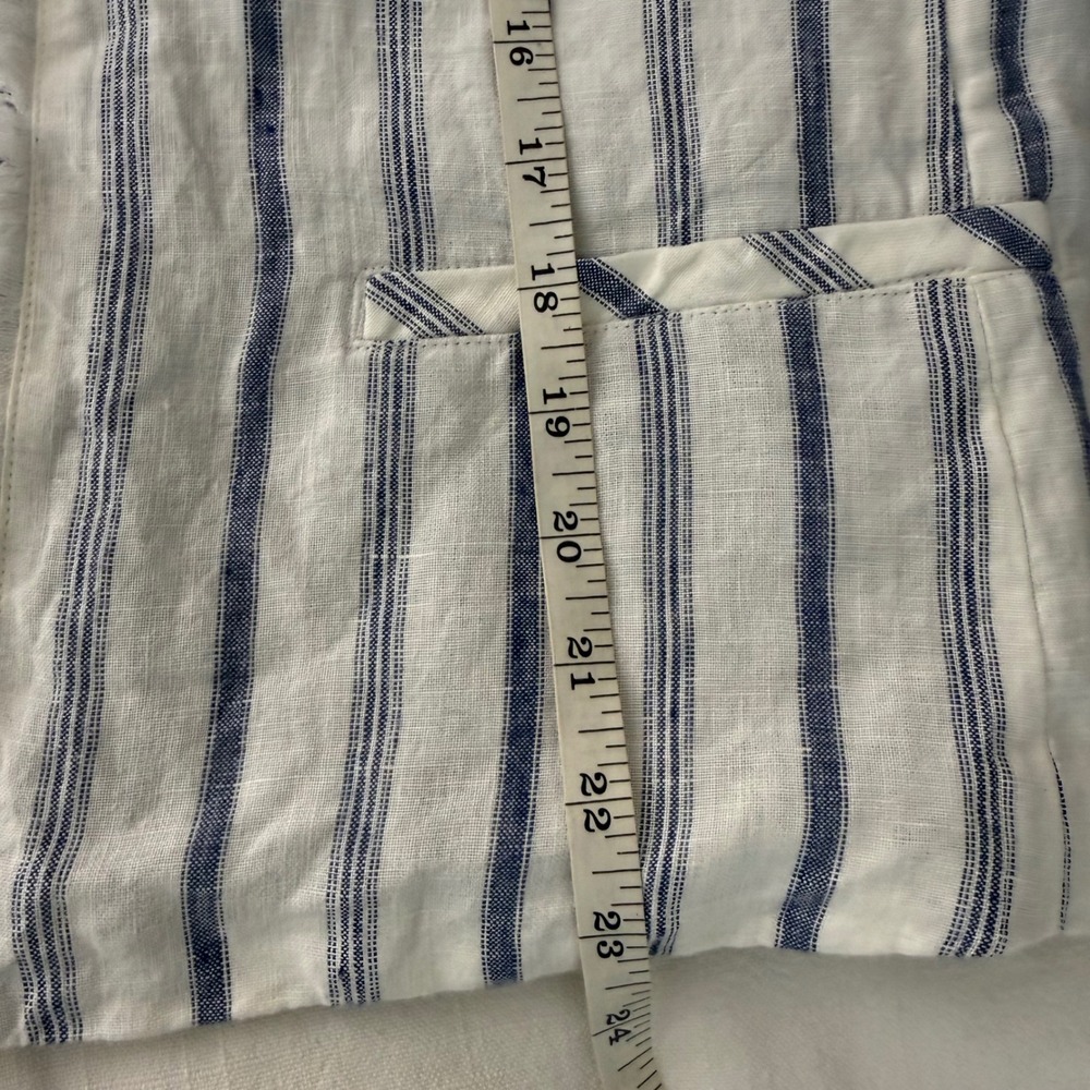 Chicos Blue White Striped‎ Linen Open Front Jacket Frayed Trim Size 2 US 12 - Picture 10 of 10